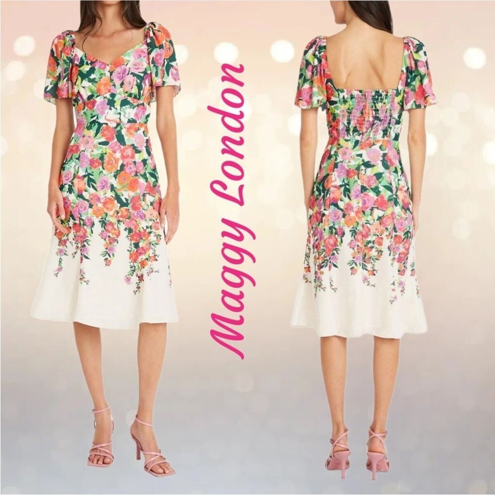 NWT Maggy London Sweetheart Floral Flutter Sleeves Dress. Size 8